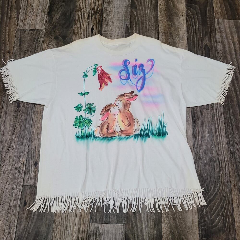 Vintage Nature T‎ Shirt Womens L Air Brush Rabbits Kissing 1990s 90s "Liz"